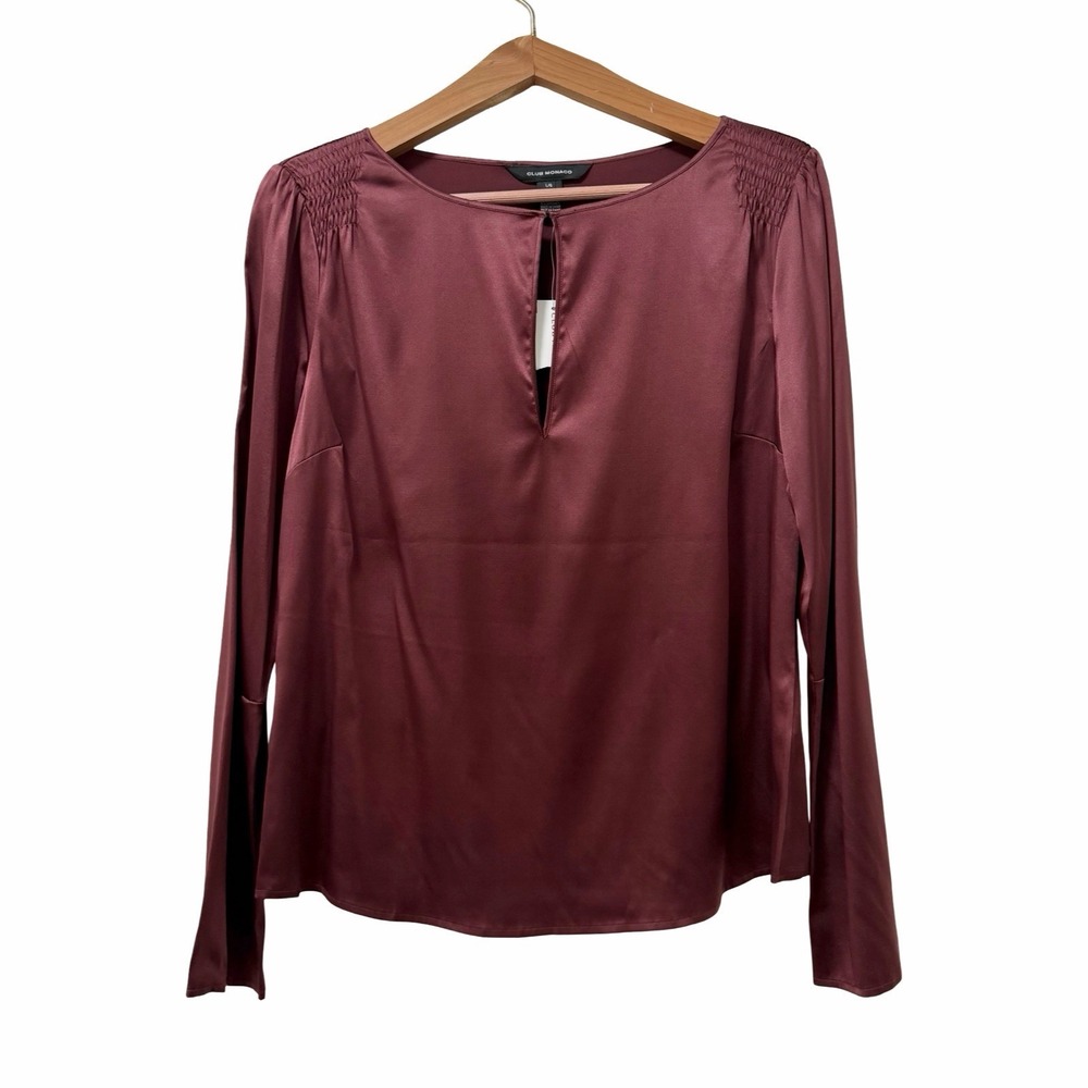 Club Monaco Womens 100% Silk Long Sleeve Blouse Top Size L Burgundy Red Keyhole